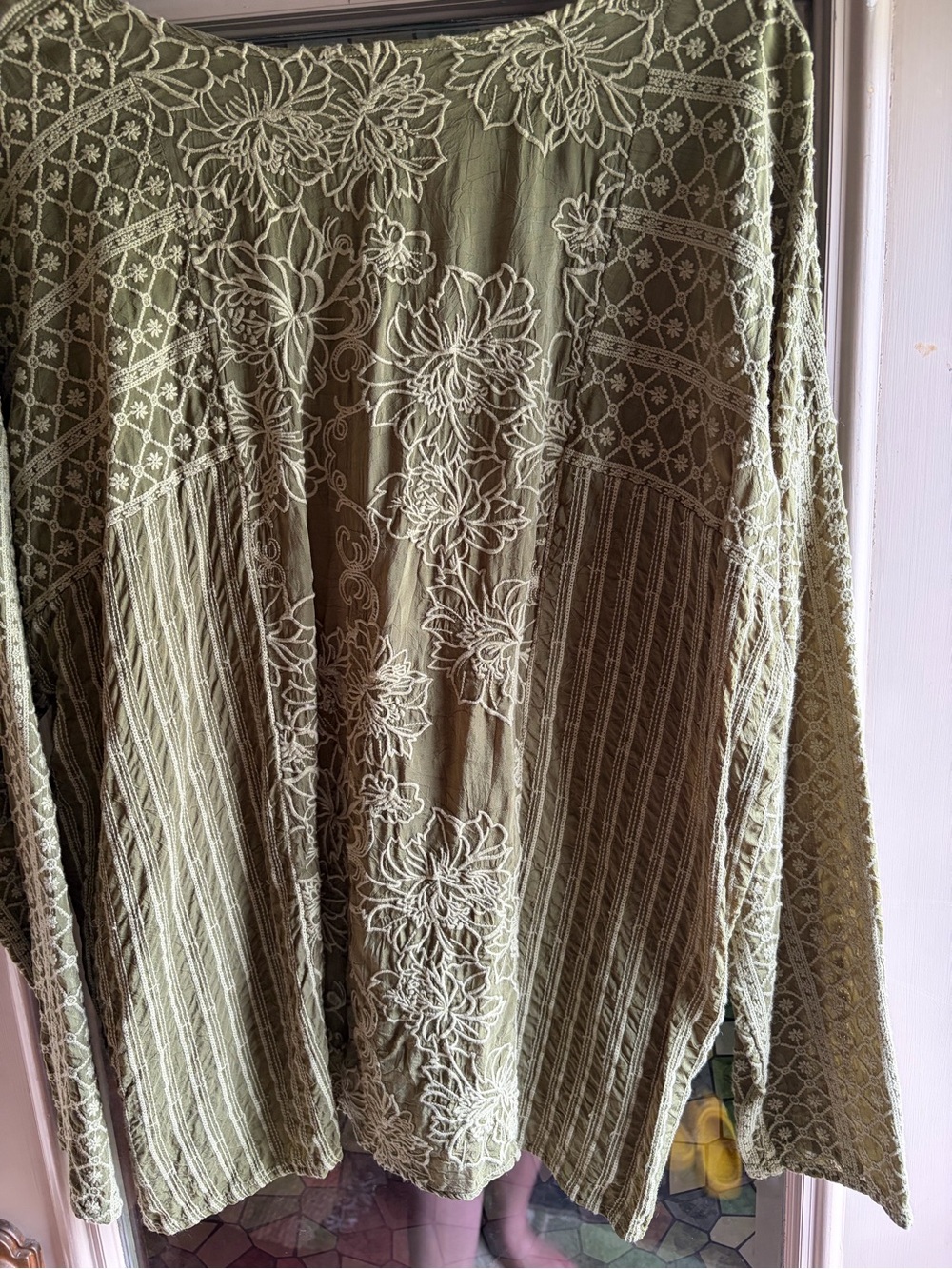 Johnny Was Olive Green Embroidered Button-Front Blouse - Picture 3 of 4